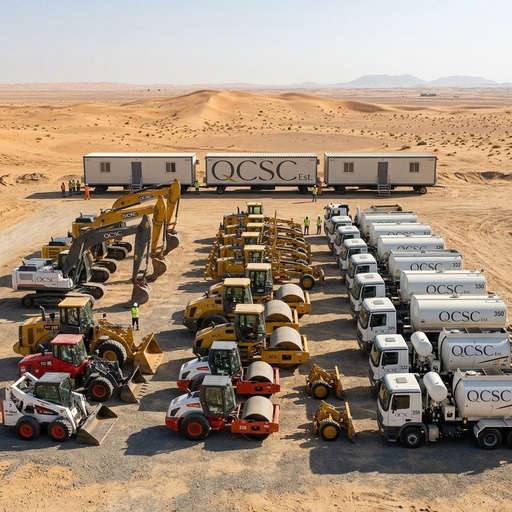 QCSC excavators, rollers and tankers lined up in the desert yard